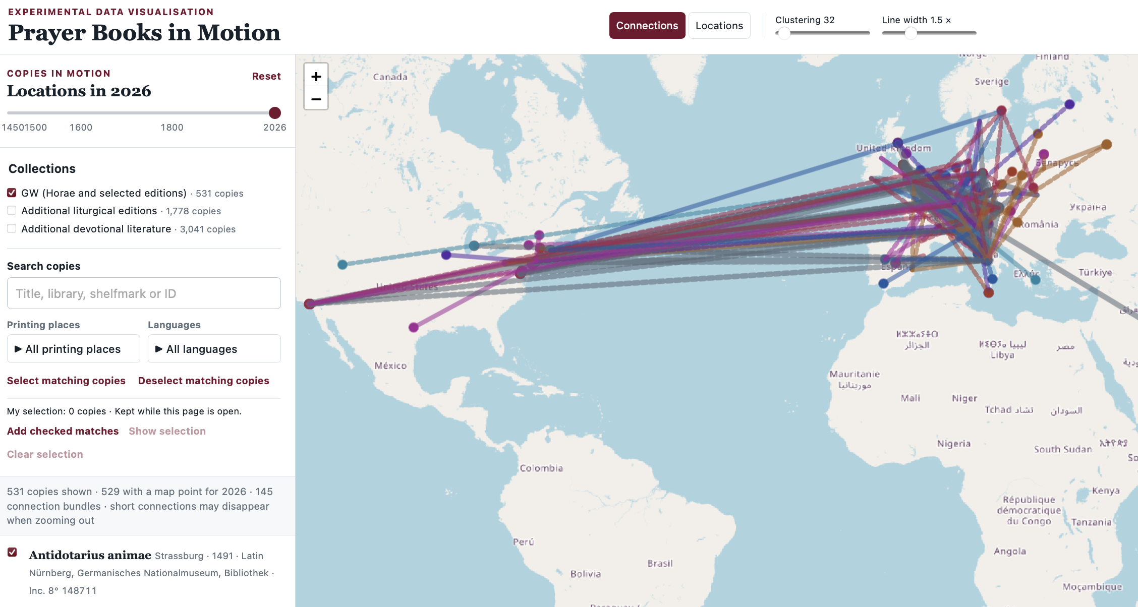 Screenshot of the Prayer Books in Motion interactive map showing connections between printed prayer book copies across Europe and North America